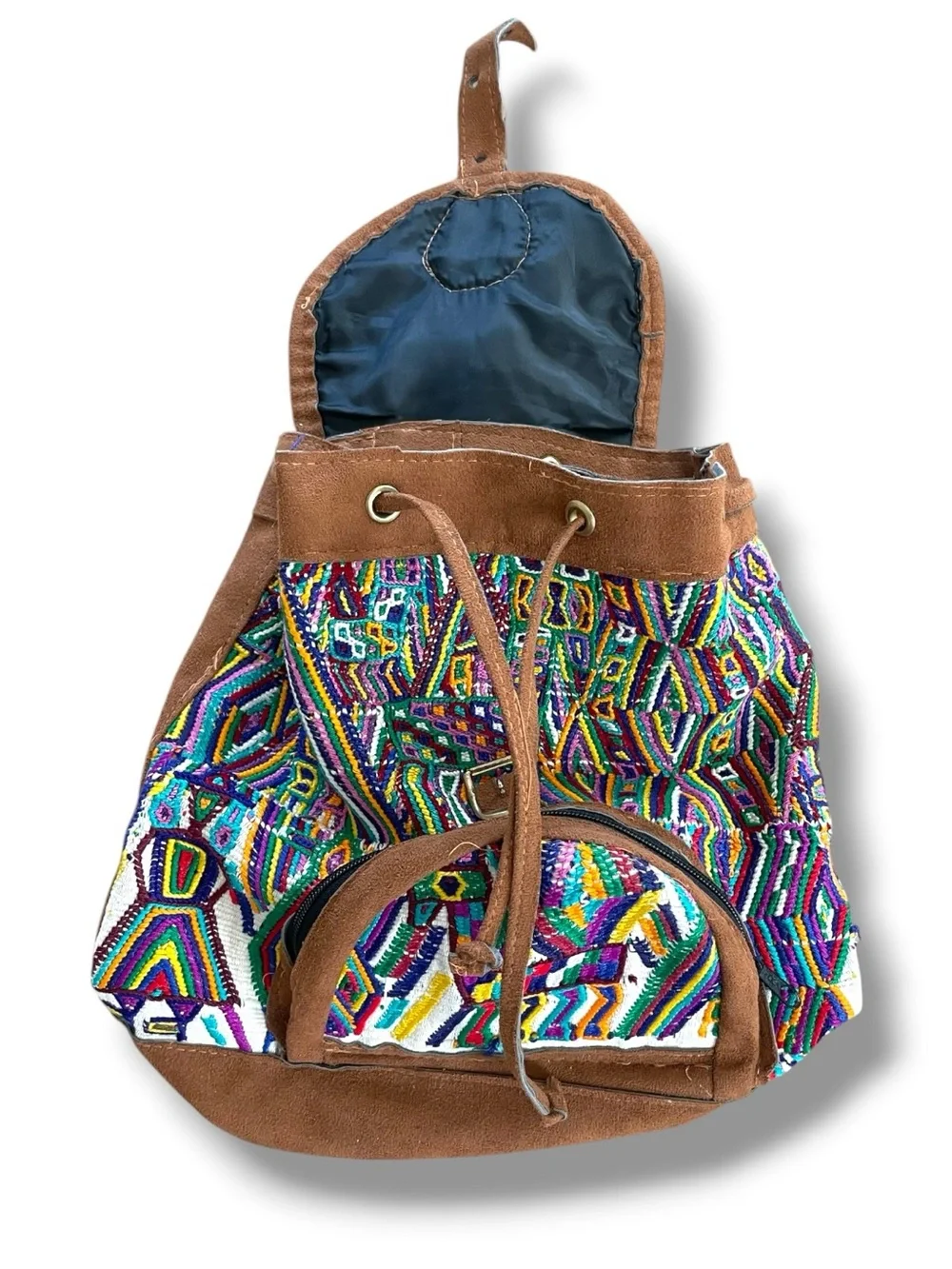 Handmade Guatemalan Huipil Embroidered Suede Leather Backpack Boho Artisan Bag